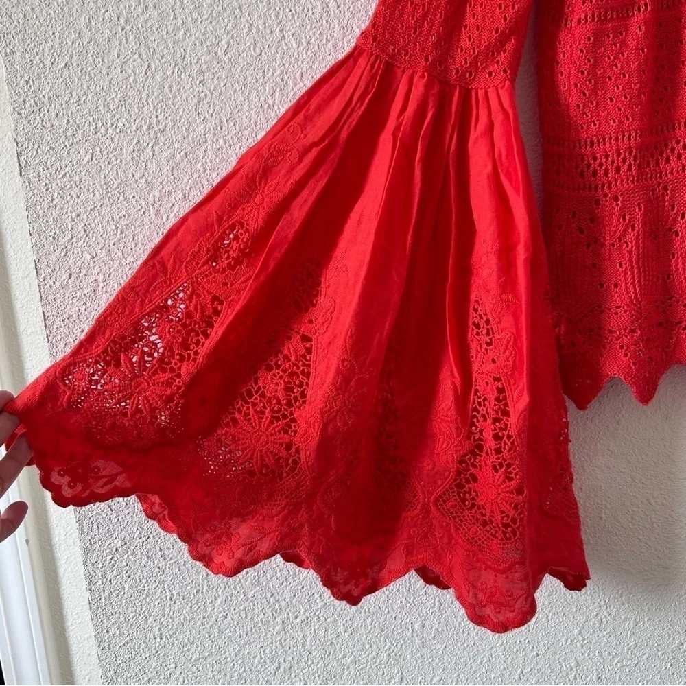 Free People Knit Crochet Eyelet Flare Sleeve Linen Blend Top Women Medium Orange